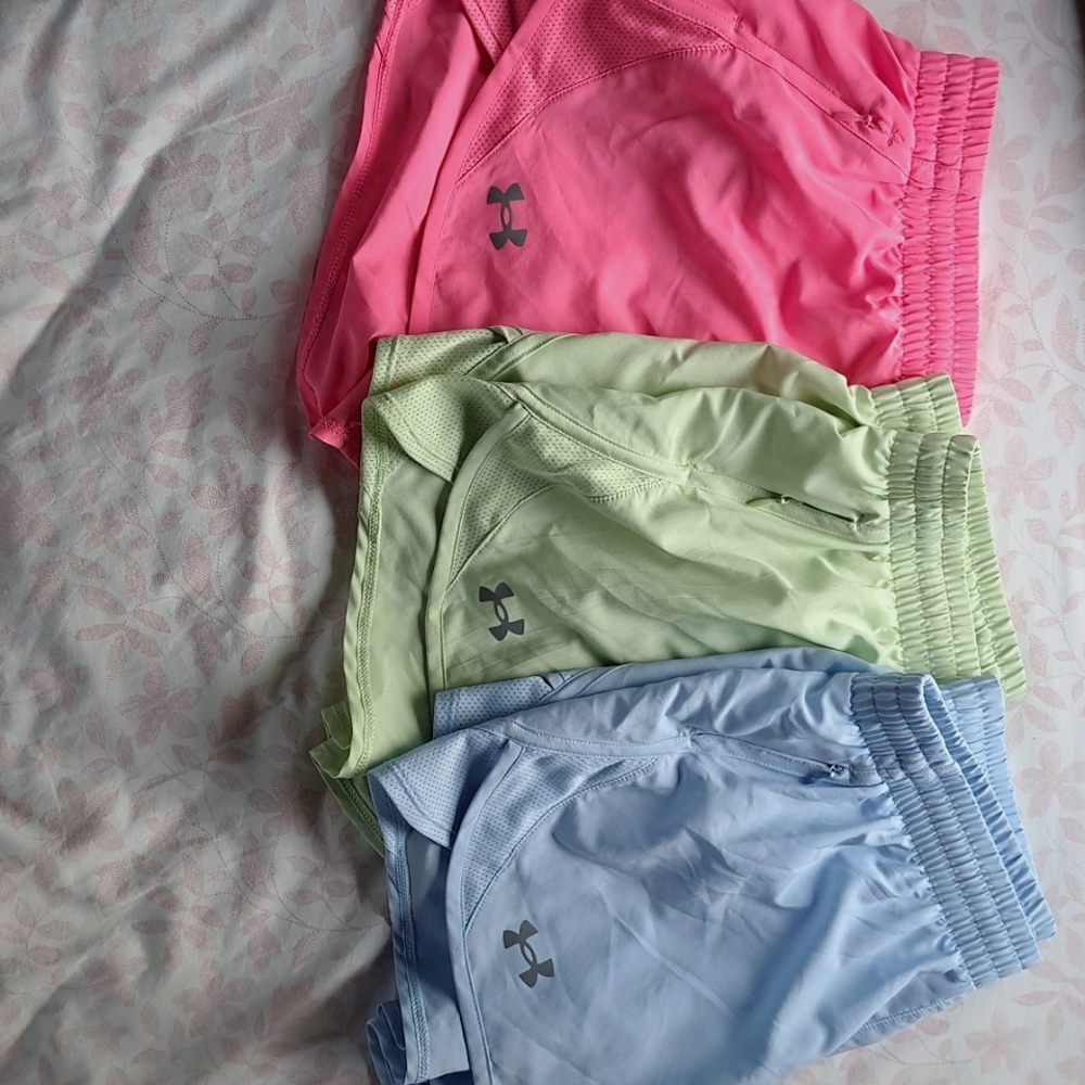 3 PR. SMALL UNDER ARMOUR LINED SHORTS HOT PINK LIGHT LIME AND SKY BLUE